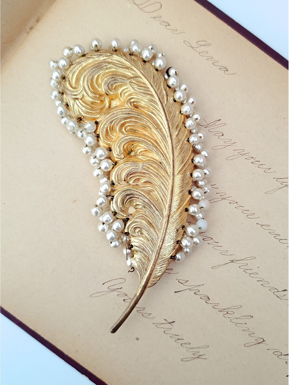 Vintage Miriam Haskell Gold-Tone Feather Plume Faux Pearl Brooch